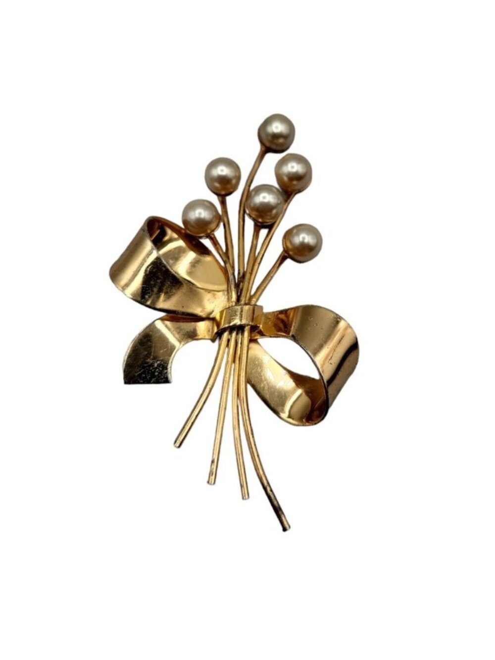 Vintage Sterling by Coro Bouquet Brooch Faux Pearl w/Bow Large Gilded 925 Pin